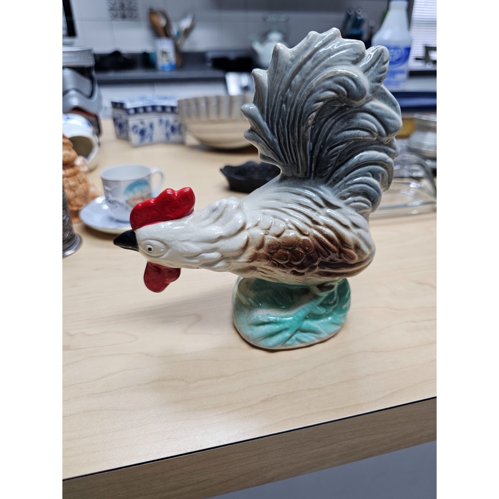 Vintage Ceramic Rooster Figurine Hand Painted Farmhouse Decor Grey Red White